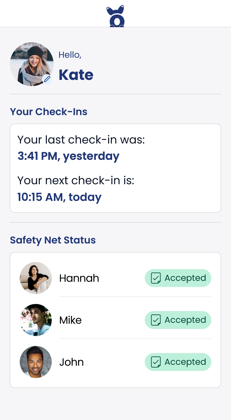 The Oliver Checks In home screen, showing today's check-ins and the status of your safety net
